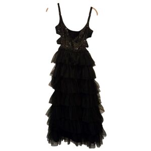 NWT Mac Duggal Gown 2 Black Sequined Tulle Dress 27125 Cut Out Tiered Beaded
